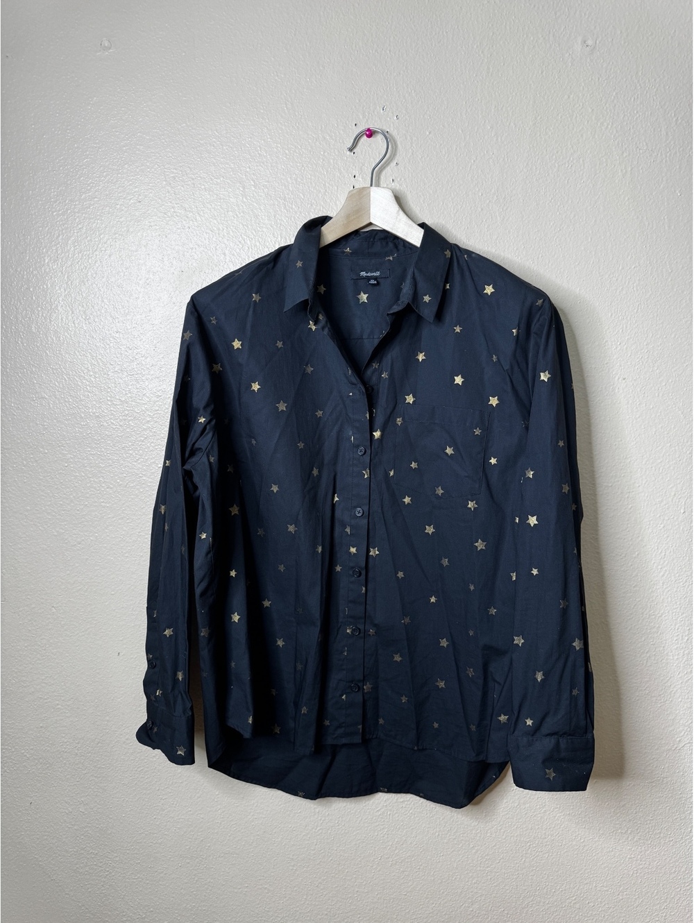 Madewell Womens XL Button Up Shirt Navy Blue Gold Star Print 100% Cotton